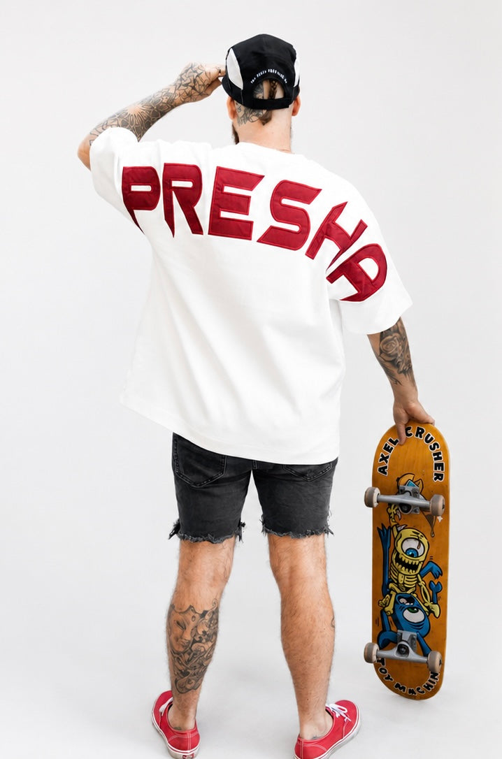 PRESHA Signature Appliqué Tee – White/Red